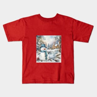 Snowman Log Cabin Winter Kids T-Shirt